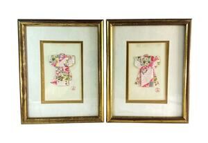 Vintage Japanese Origami Paper Kimono Art Framed Pair Gold Frames 8x9.75"